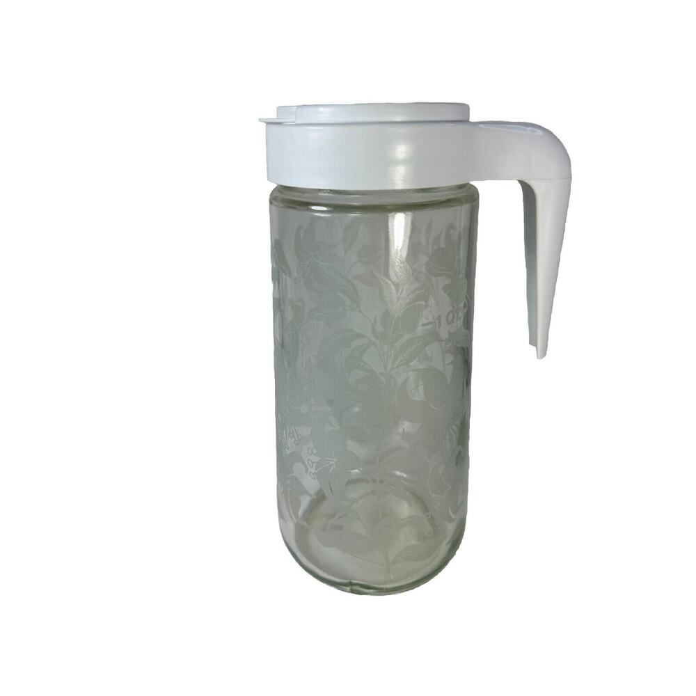 Vintage TANG 1 QT Glass Pitcher with White Lily Flower Etched Design